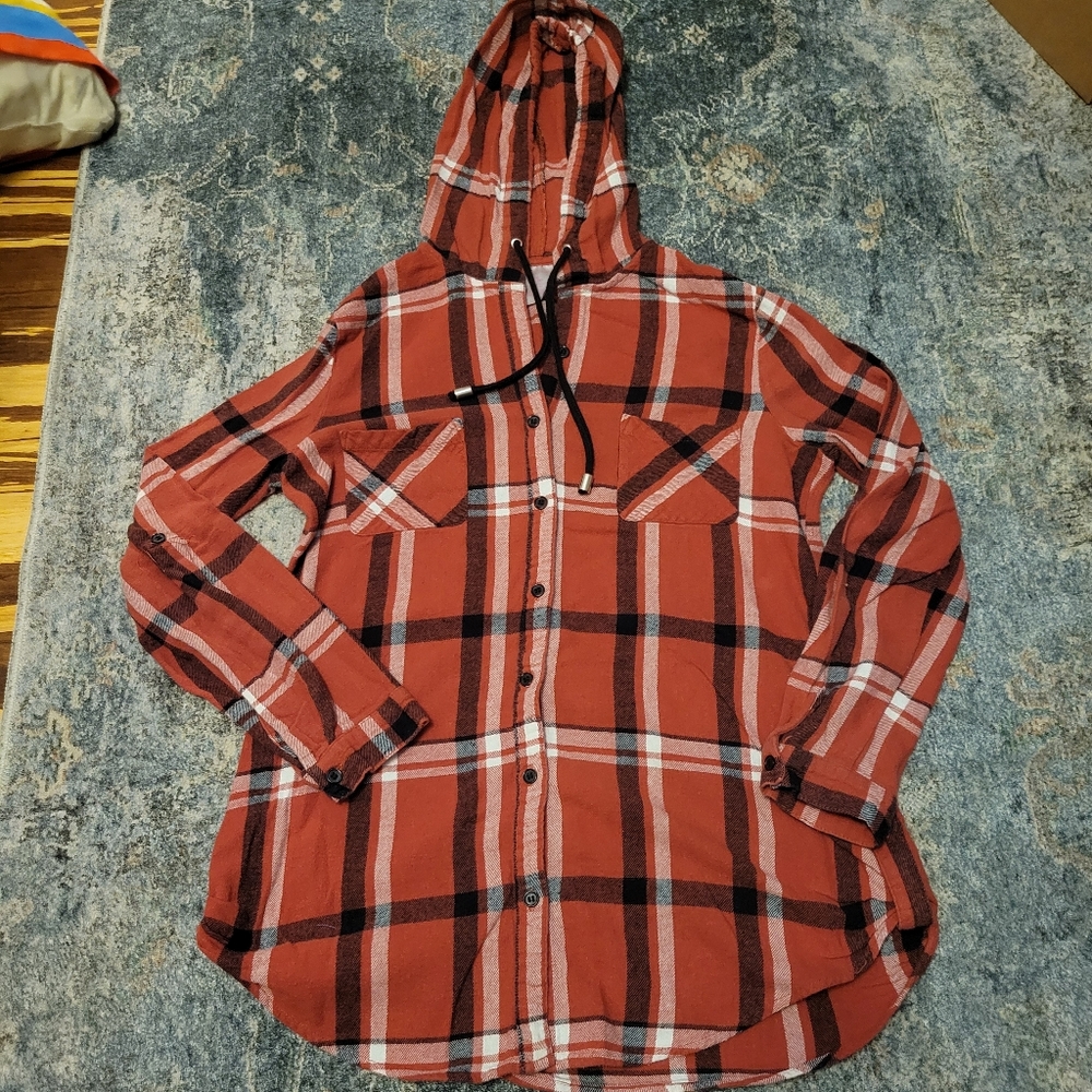 NOBO Flannel Red Plaid Hooded Shirt Size L